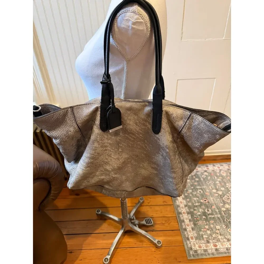 Cole Haan Pebbled Leather Top Handle Tote Bag Distressed Metallic Pewter